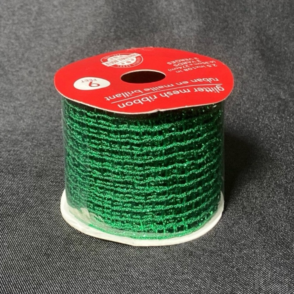 ⭐️ Christmas House Green Glitter Mesh Craft Ribbon 2.5” x 108”